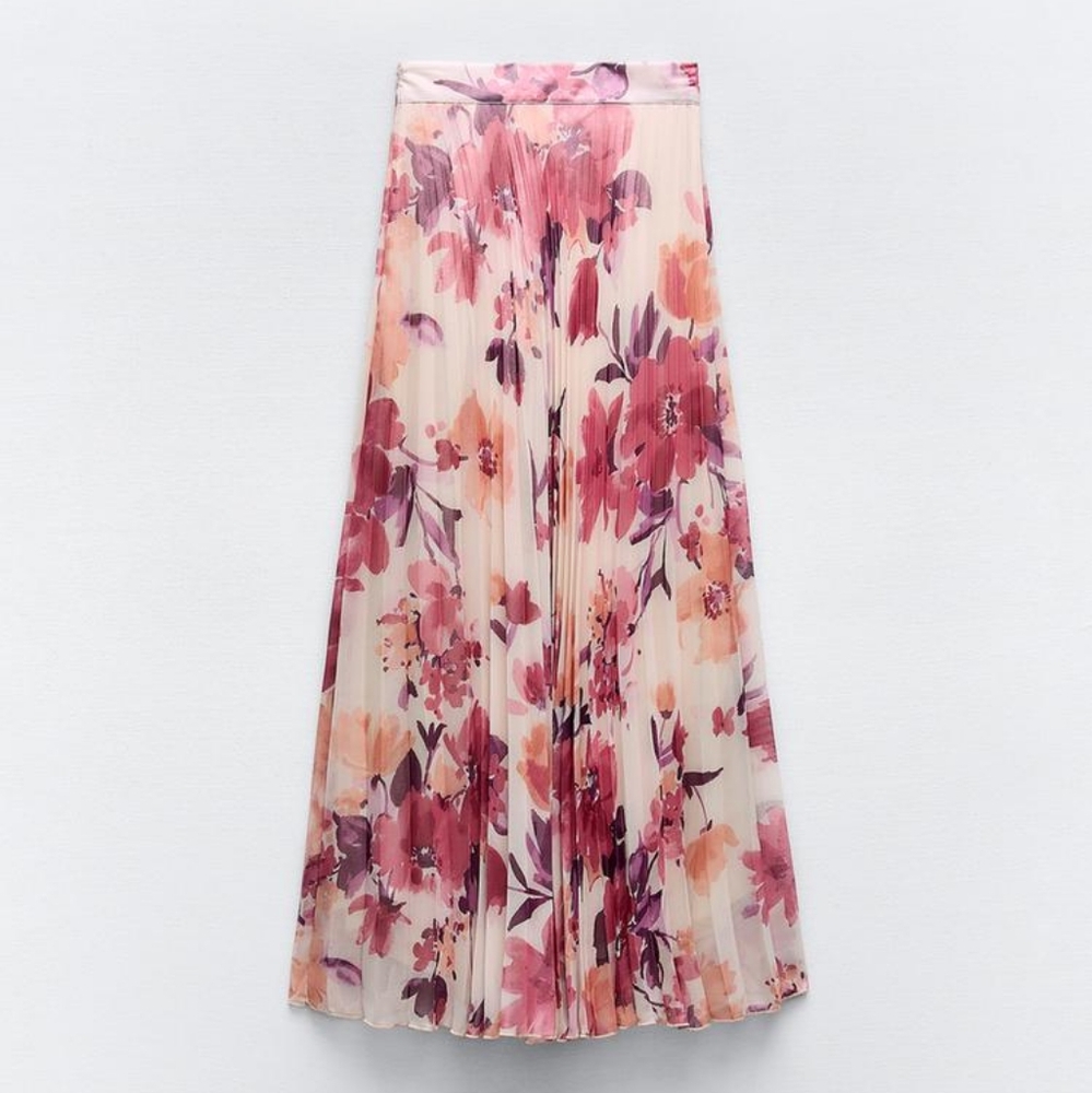 Zara floral pleated midi skirt multicolored pink BNWT - Picture 13 of 14